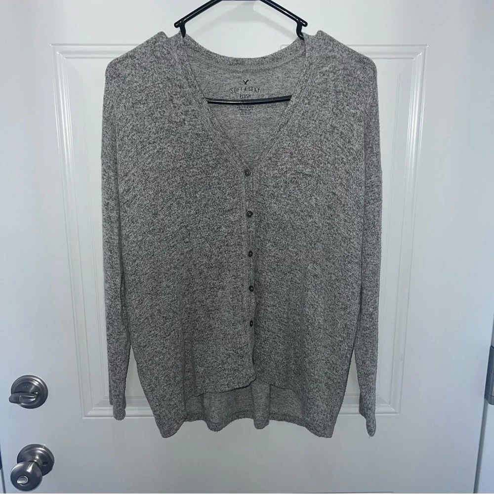 American Eagle Soft Sexy Plush Gray Marled Knit V Neck Button Cardigan Womens XS